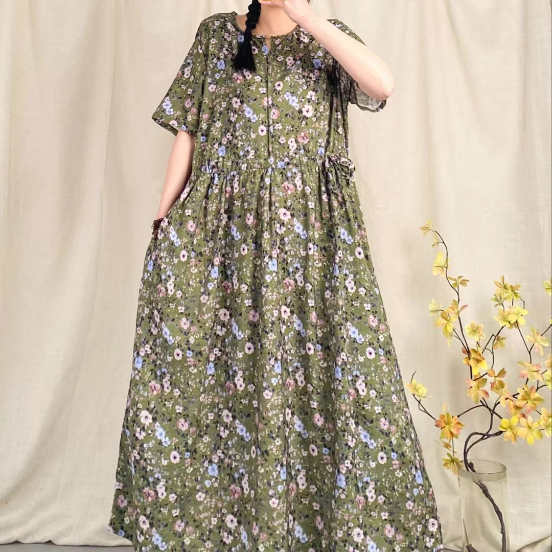 12610新款夏季优雅宽松大气印花福利款棉麻连衣裙