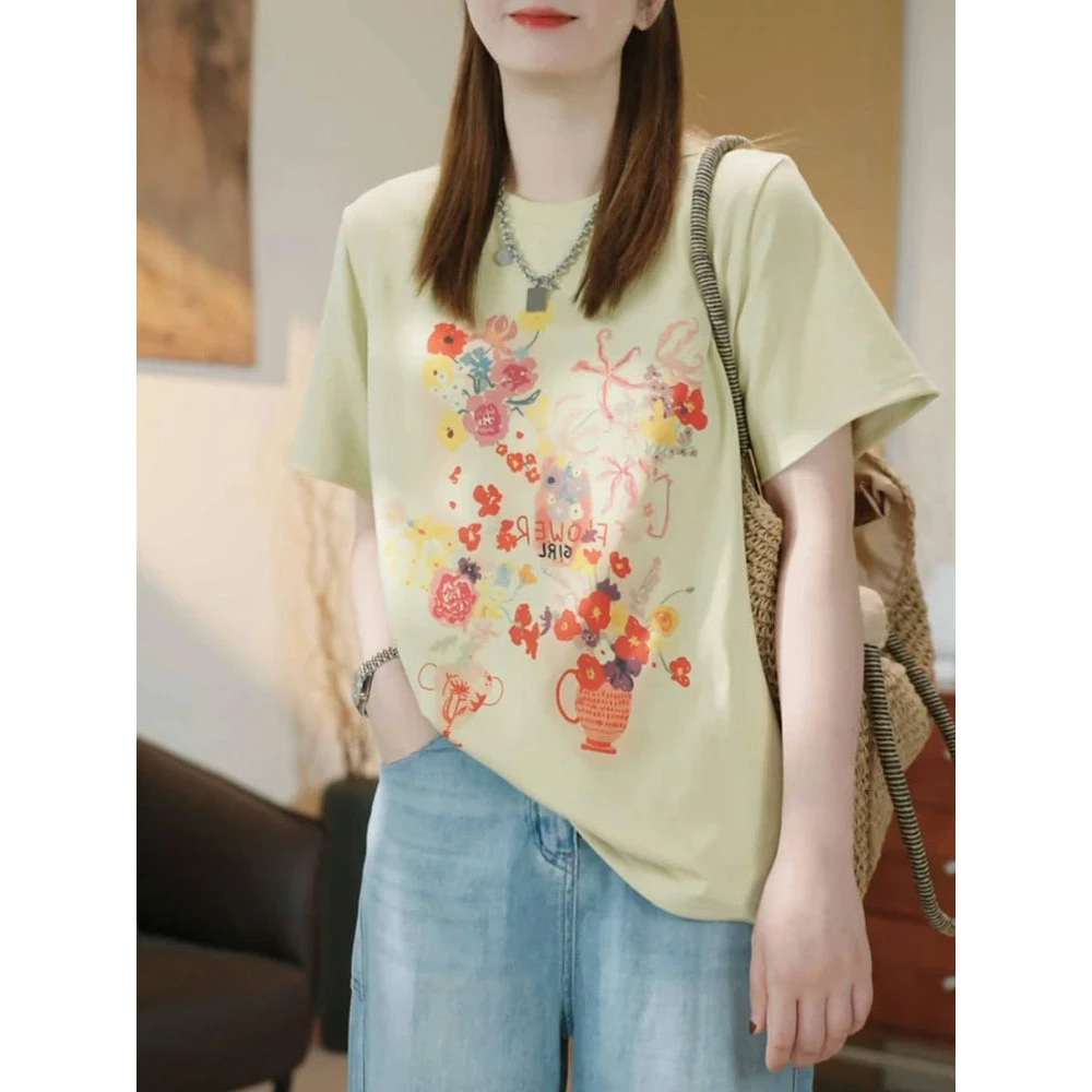 2025年夏季新款印花圆领T恤女生休闲百搭时尚洋气设计感显瘦上衣