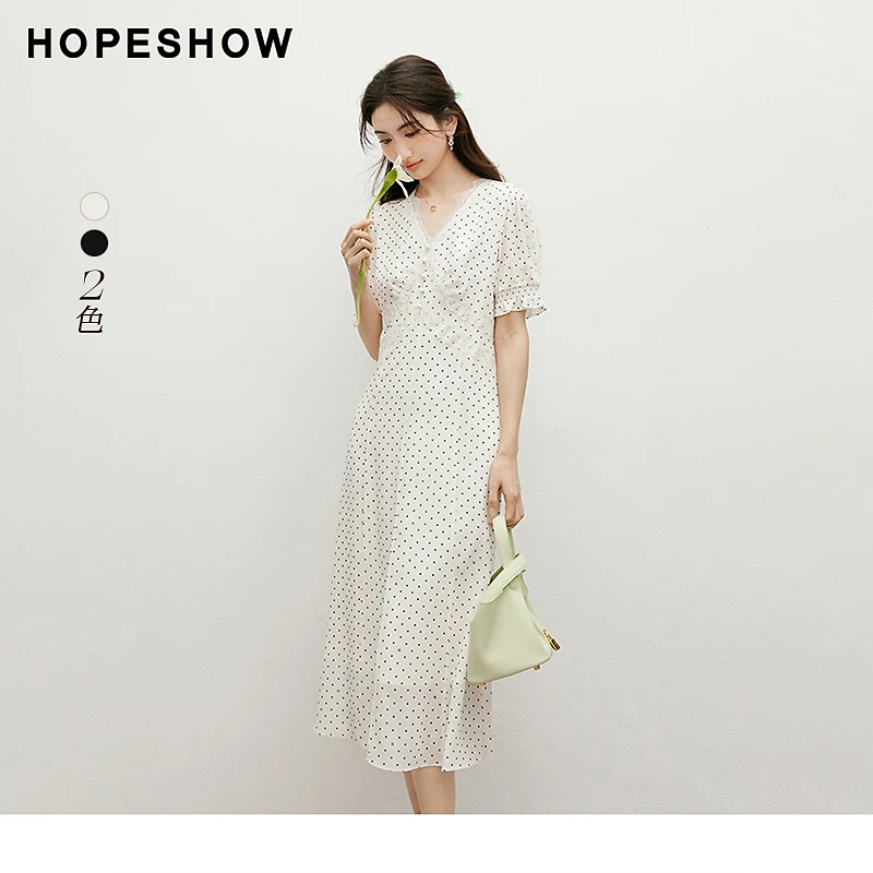 红袖2025春季女装波点泡泡袖收腰蕾丝边V领套头连衣裙90225111602