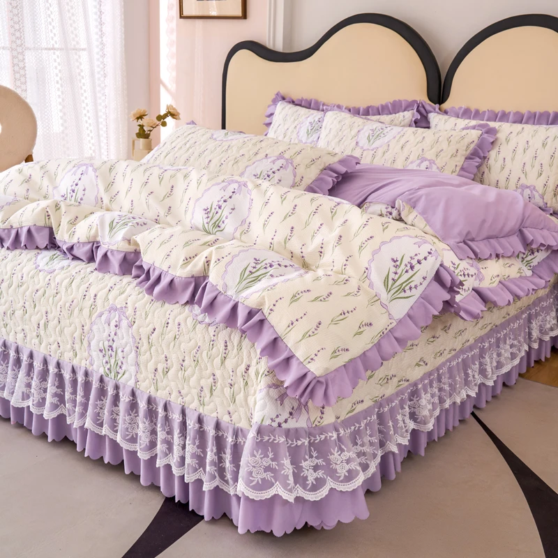 四季款A类床盖四件套防滑加厚夹棉床盖蕾丝花边三件套韩版小清新