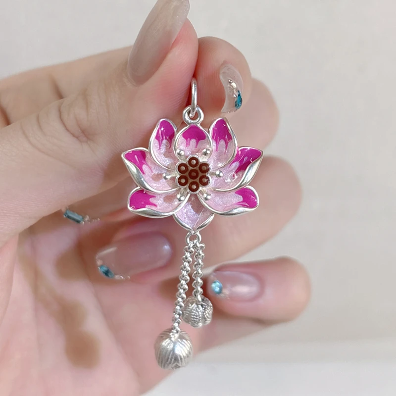 吊坠足银珐琅 粉莲花流苏吊坠长款纯手工中国风民族风银制品古风
