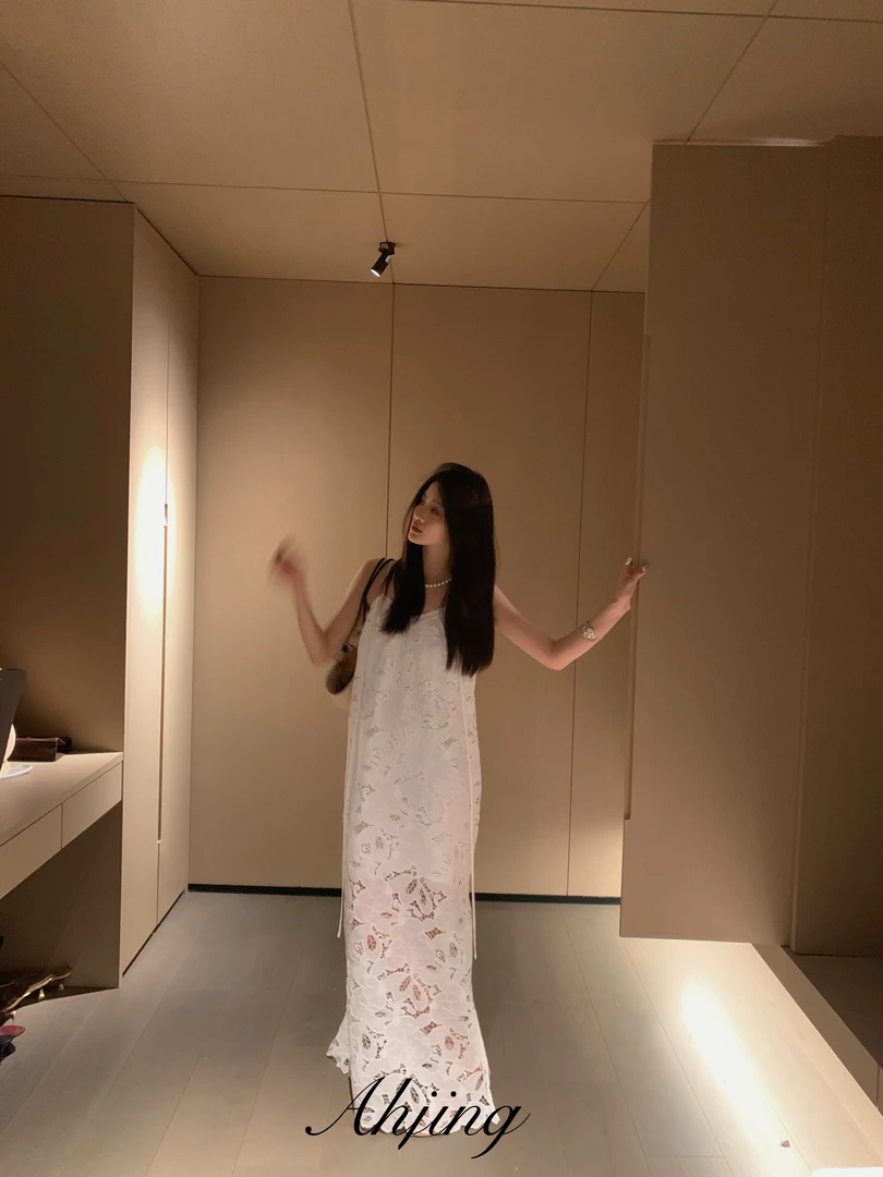Ah·Jing 梓静 【秘境花心】优雅慵懒风镂空肌理吊带提花连衣裙0089