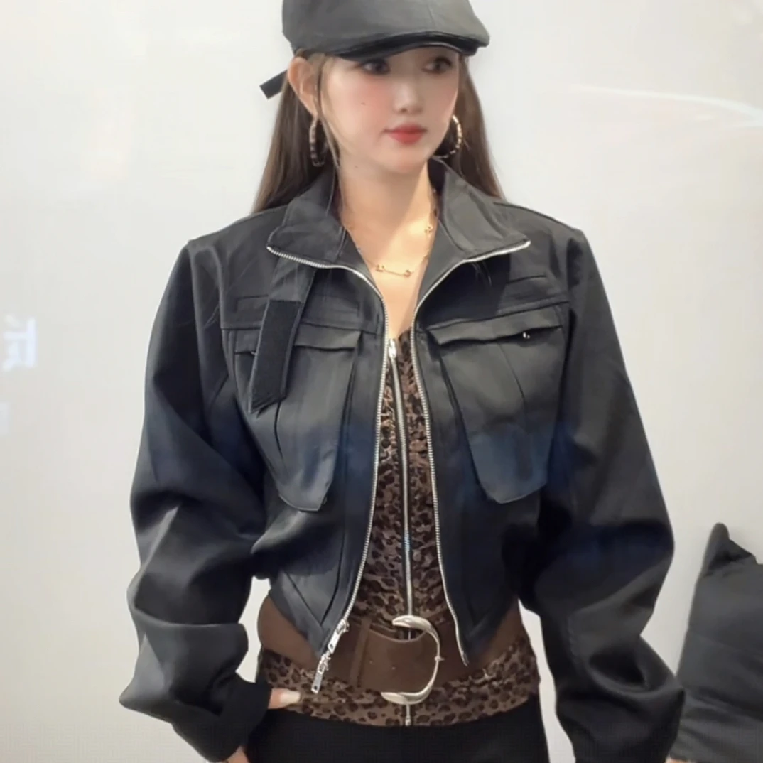 纯色立领女式复古短款黑色短外套时尚