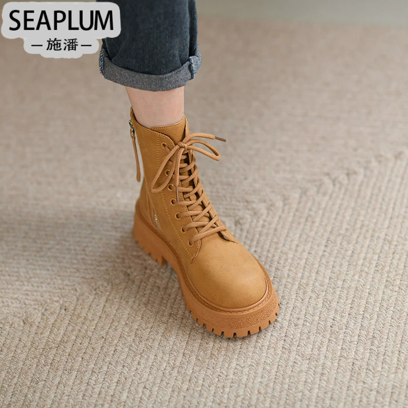 SEAPLUM潮牌真皮大黄靴厚底增高马丁靴女2025冬季英伦风潮流短靴