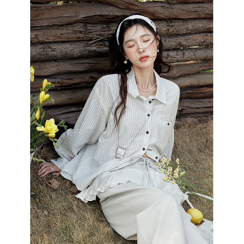 【年中大促】谜秀杏蓝条纹衬衫女春夏百搭显瘦长袖上衣竖条纹衬衣