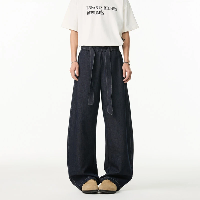 可乐自制定制阳离子冰丝牛仔裤老钱风飘带弯刀美式丹宁宽松休闲裤