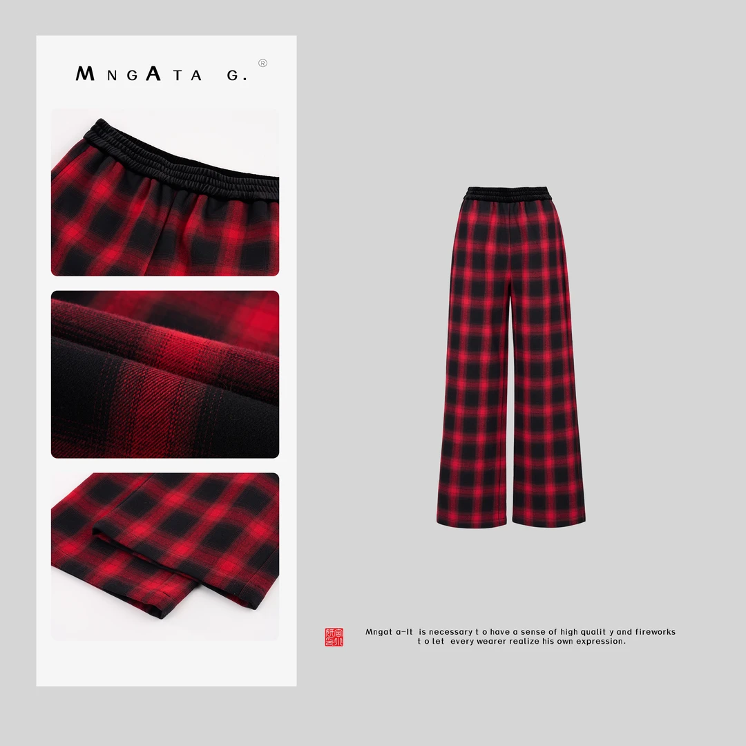 MNGATA G.宫小妍【红格纹】纯棉冬季穿搭新中式中国风裤子X280609
