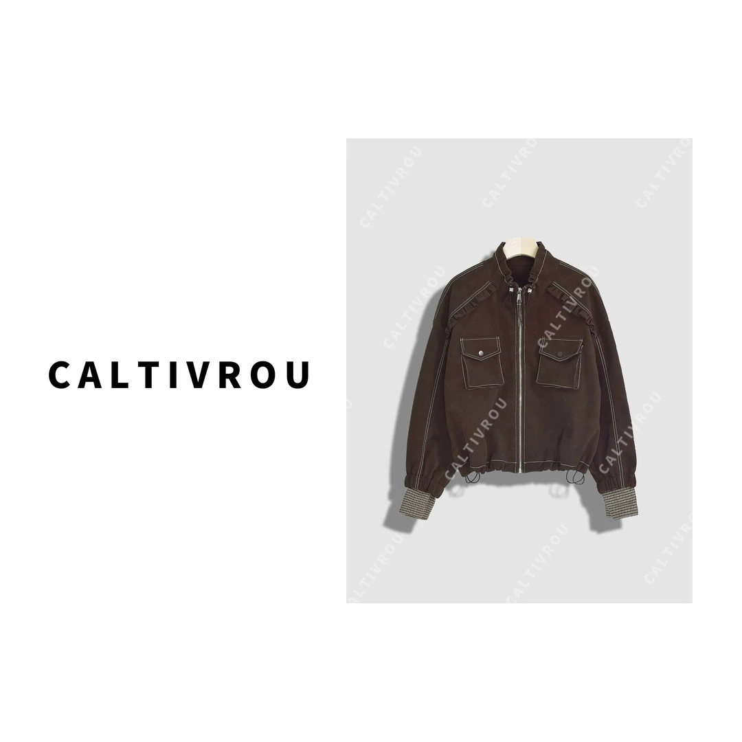 Caltivrou时尚木耳边休闲宽松立领外套-Y18958