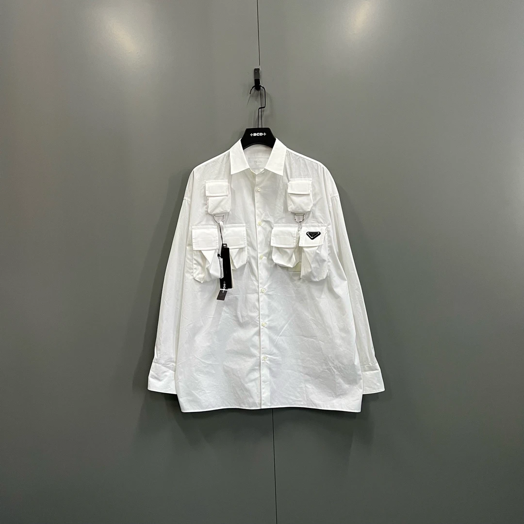 99新 Prada/普拉达 j30白色多口袋长袖衬衫 S码020795