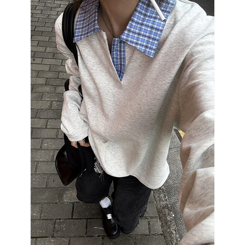 格纹拼接polo衫男女秋季抗皱空气层cleanfit长袖T恤美式复古上衣