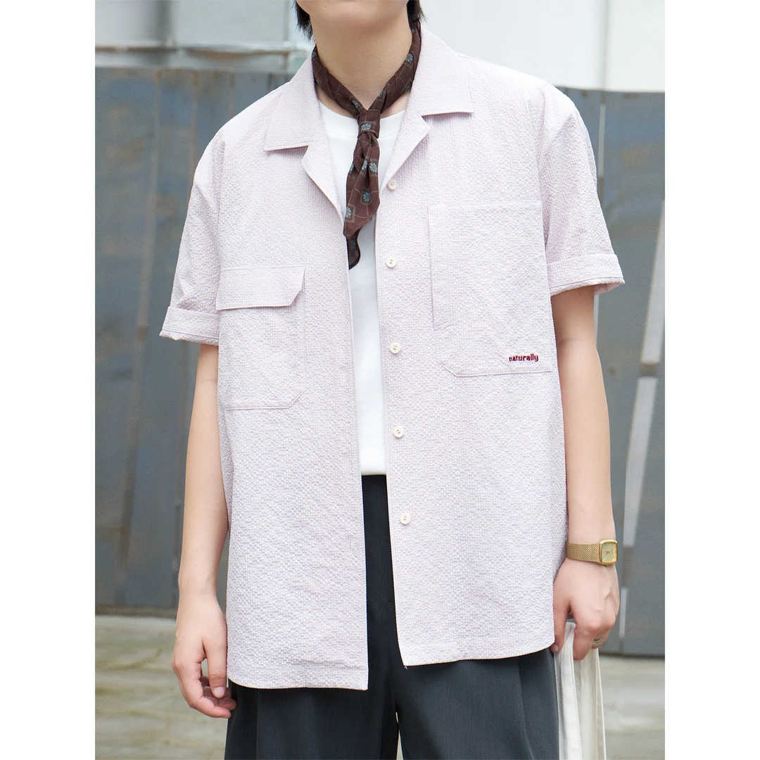 knighttom【吸湿速干透气】泡泡布古巴领浅淡粉短袖衬衫X252S008A