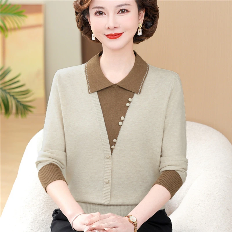 洋气妈妈春装假两件上衣针织打底衫中老年女春秋翻领长袖薄毛衣