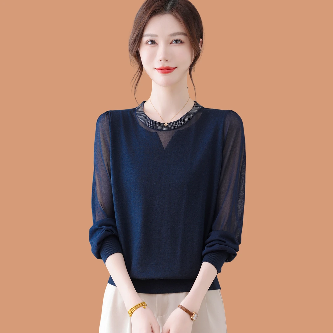 低领羊毛针织打底衫女2025春秋新款洋气妈妈薄款烫钻蕾丝纱袖毛衣