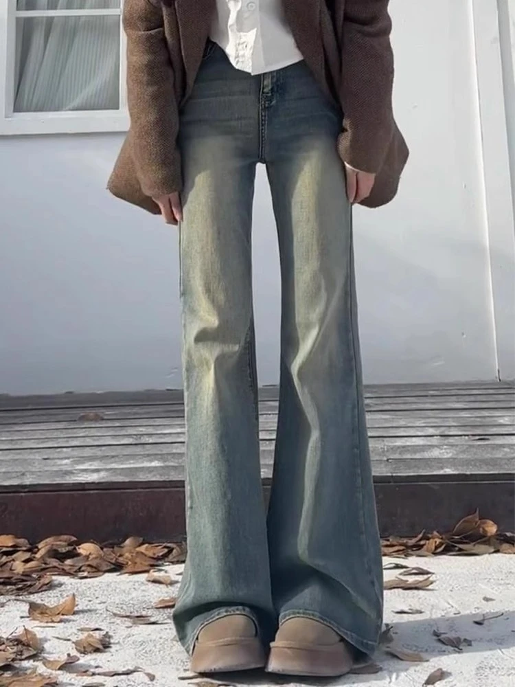 复古蓝微喇牛仔裤女秋季百搭大码胖mm高腰显瘦弹力梨形身材喇叭裤
