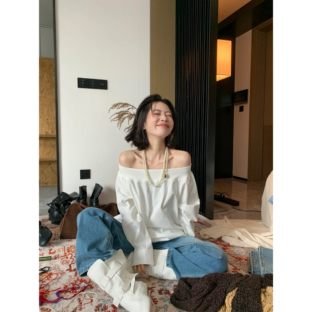 秋冬新款断码捡漏. 有质感一字肩宽松长袖休闲衬衣 5116