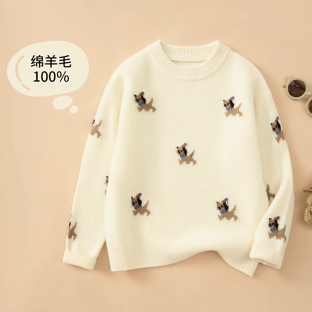 金菊 100%绵羊毛儿童毛衣秋冬新款可爱小狗提花厚款保暖针织上衣