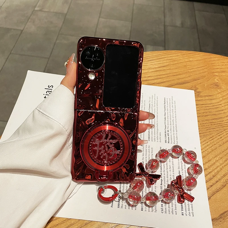 适用oppofindn3flip手机壳新年红电镀褶皱旋转磁吸發支架n3flip壳