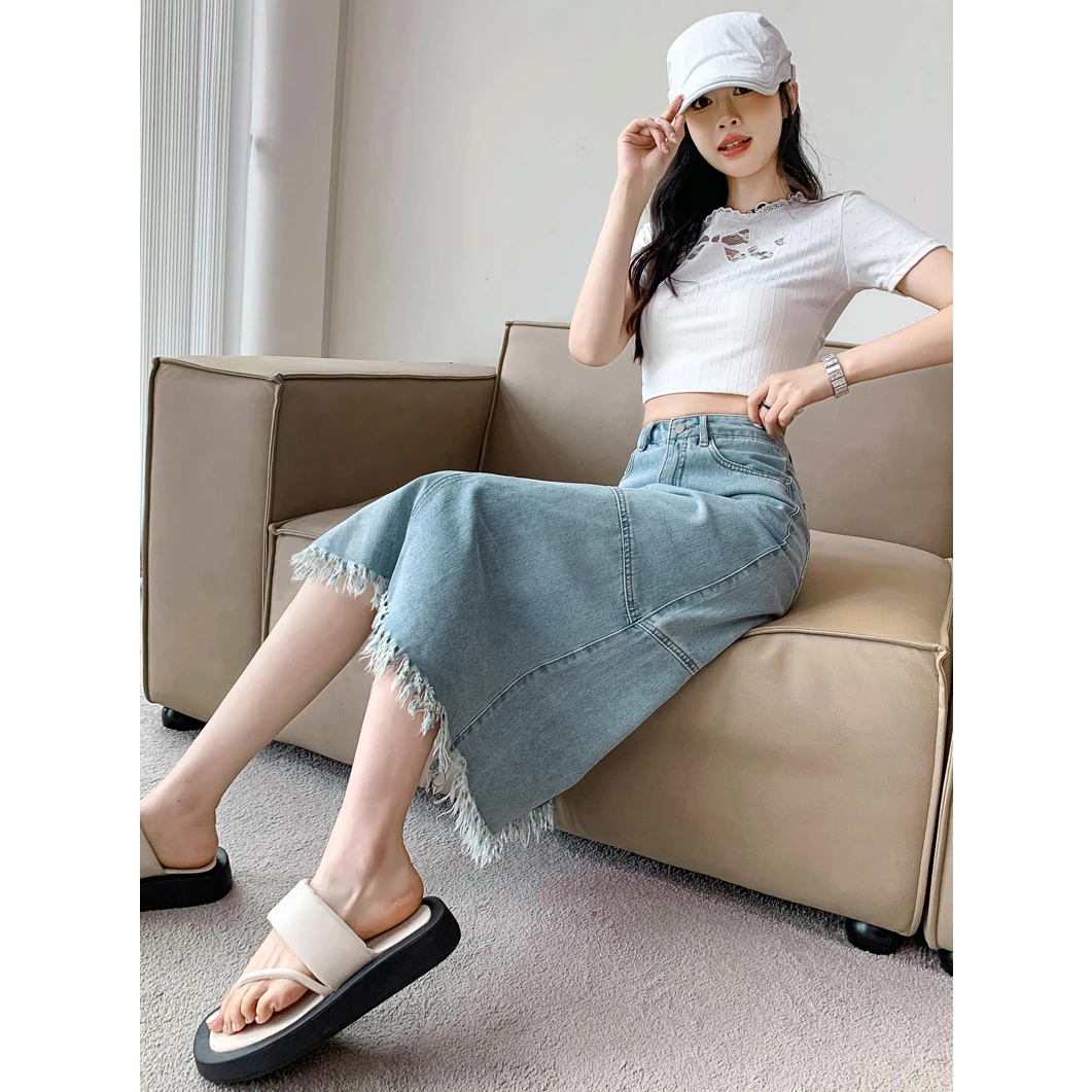 牛仔半身裙女夏季高腰包臀裙新款复古流苏开叉显瘦a字中长款半裙