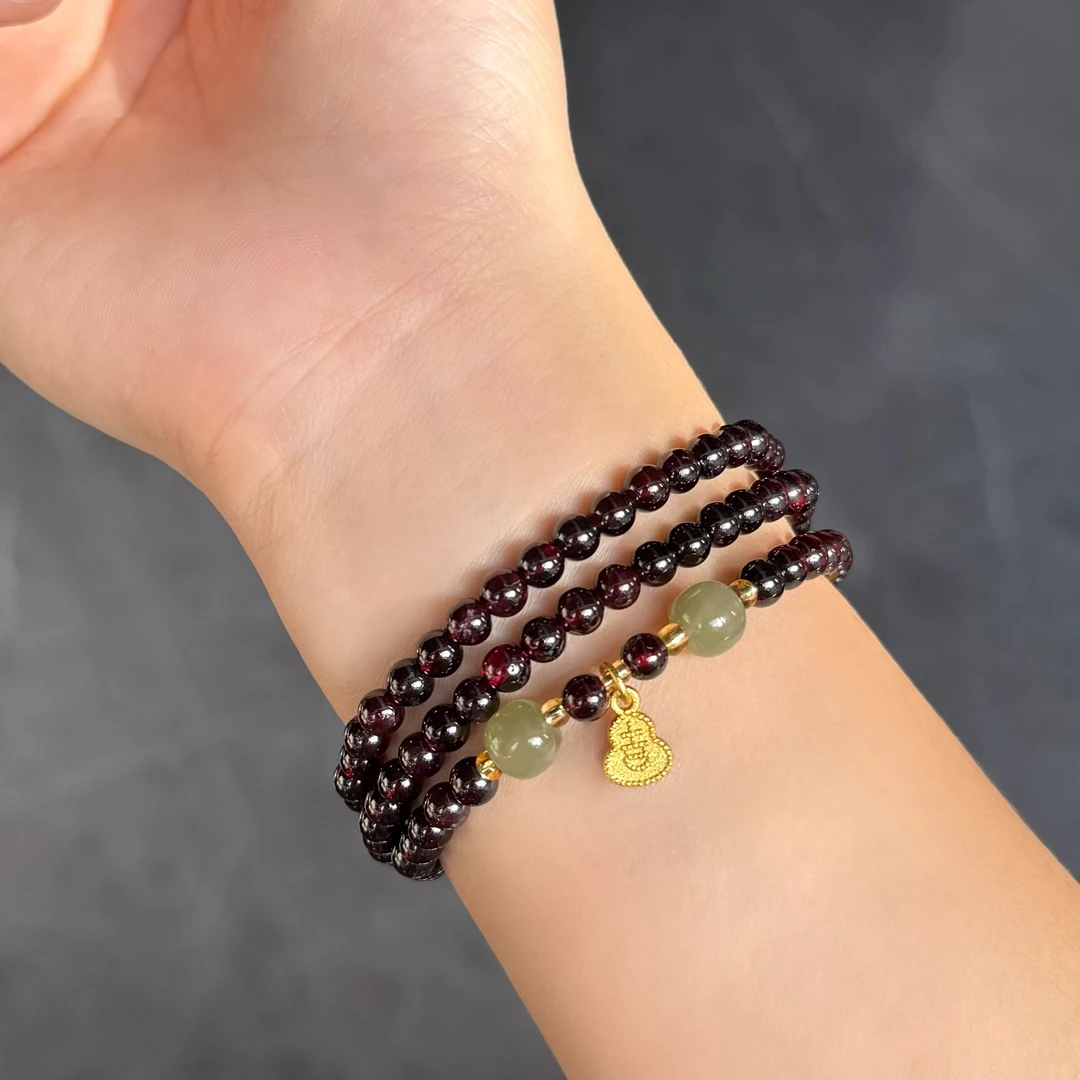 三圈石榴石手串搭和田玉原创手链 （多样性发一件）B-63