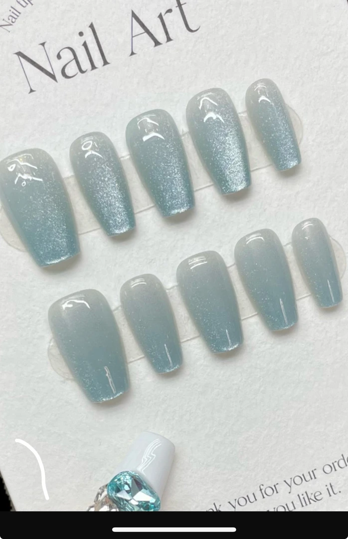 清凉夏日仙气梦幻海盐冰蓝猫眼手工穿戴甲贴片气质气质穿戴式夏季