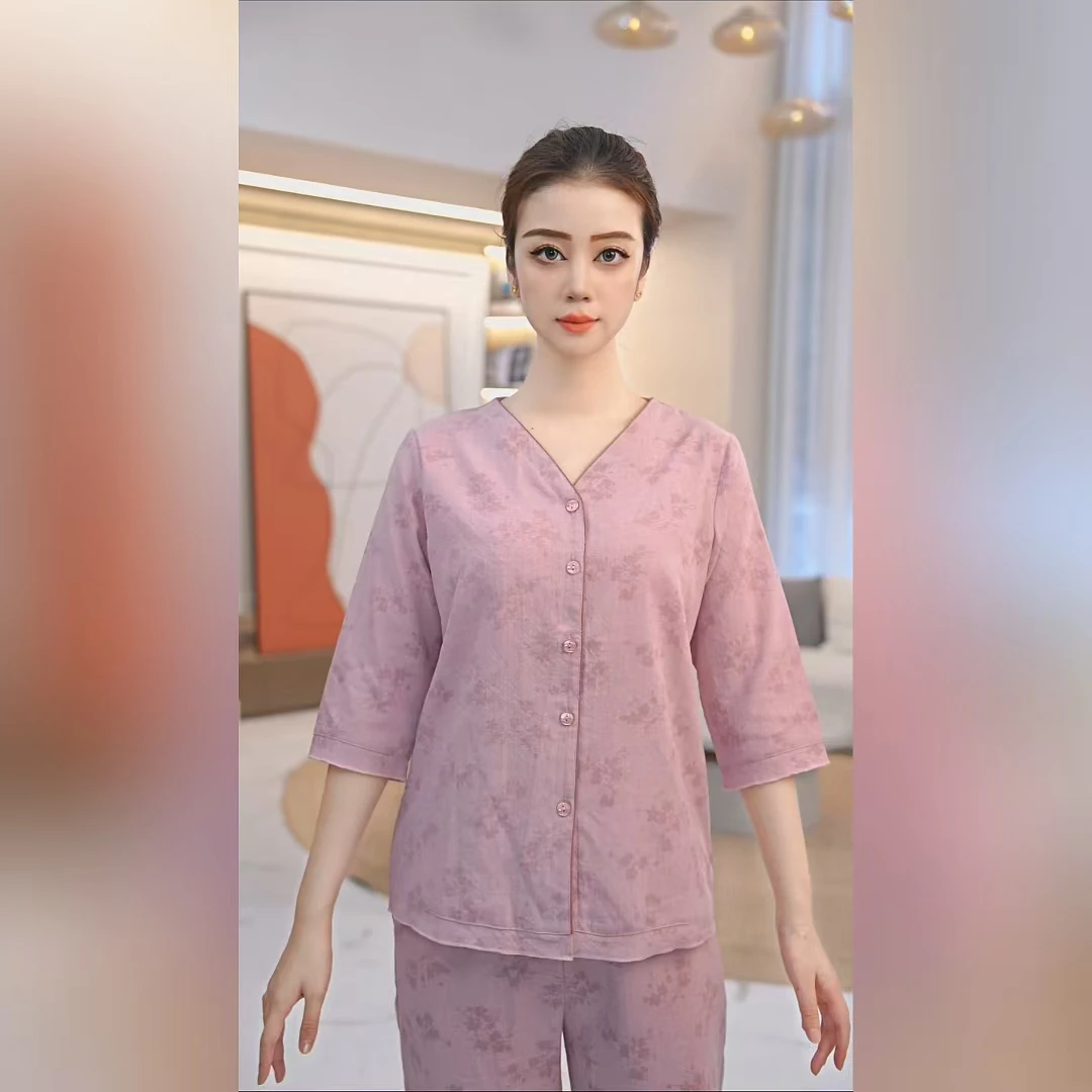秋鹿梭织提花V领七分袖九分裤女套睡衣时尚春夏