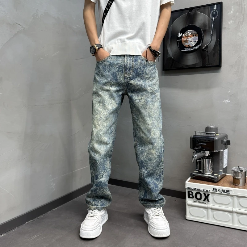 广州美式提花感花纹潮牌男士男款2025男士美式复古宽松直筒长裤
