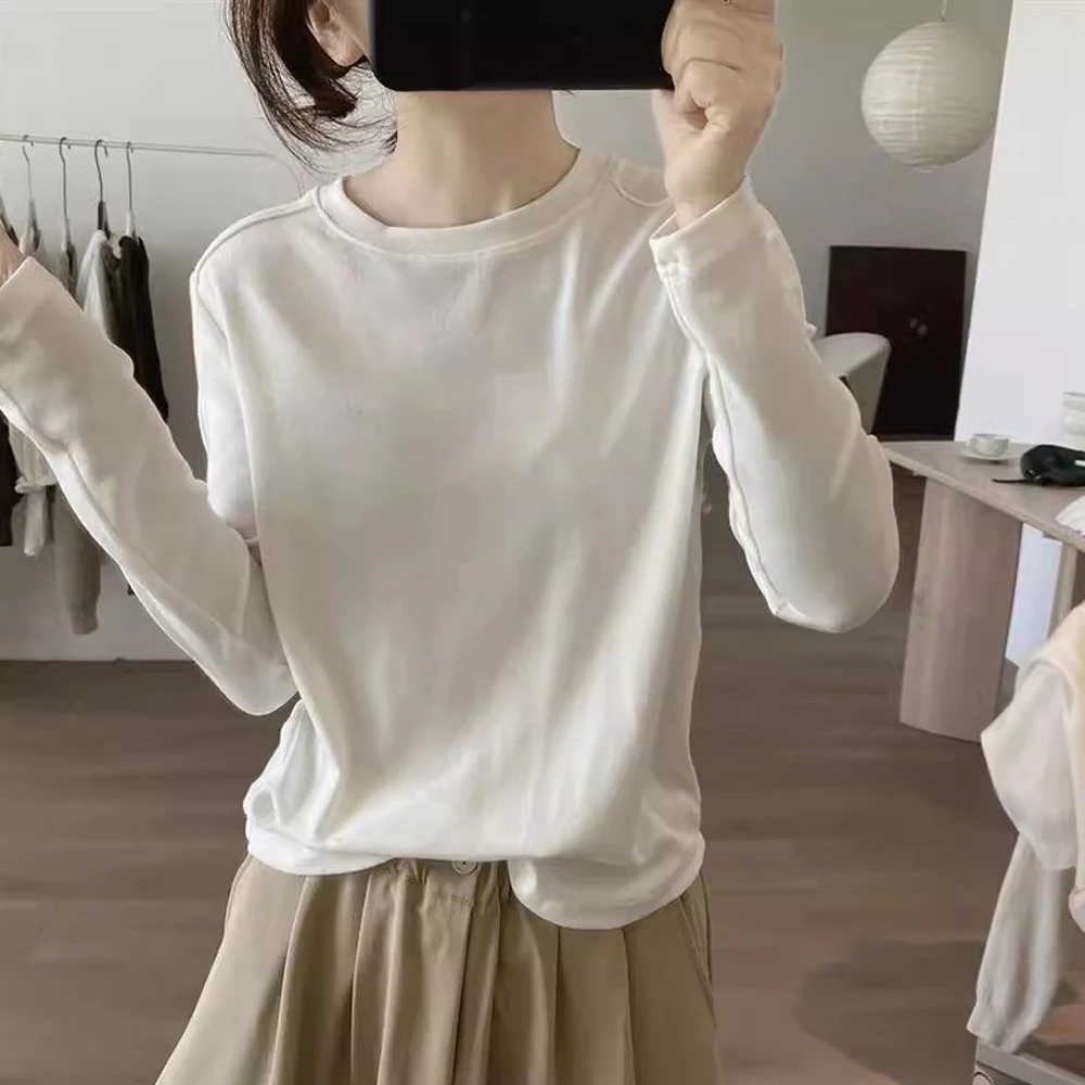 春秋季新款修身圆领长袖套头棉质纯色基础款显瘦复古T恤休闲上衣