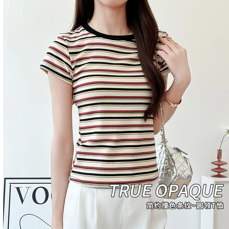 醉梓菡圆领复古撞色条纹短袖t恤女2025夏季修身显瘦小众正肩上衣