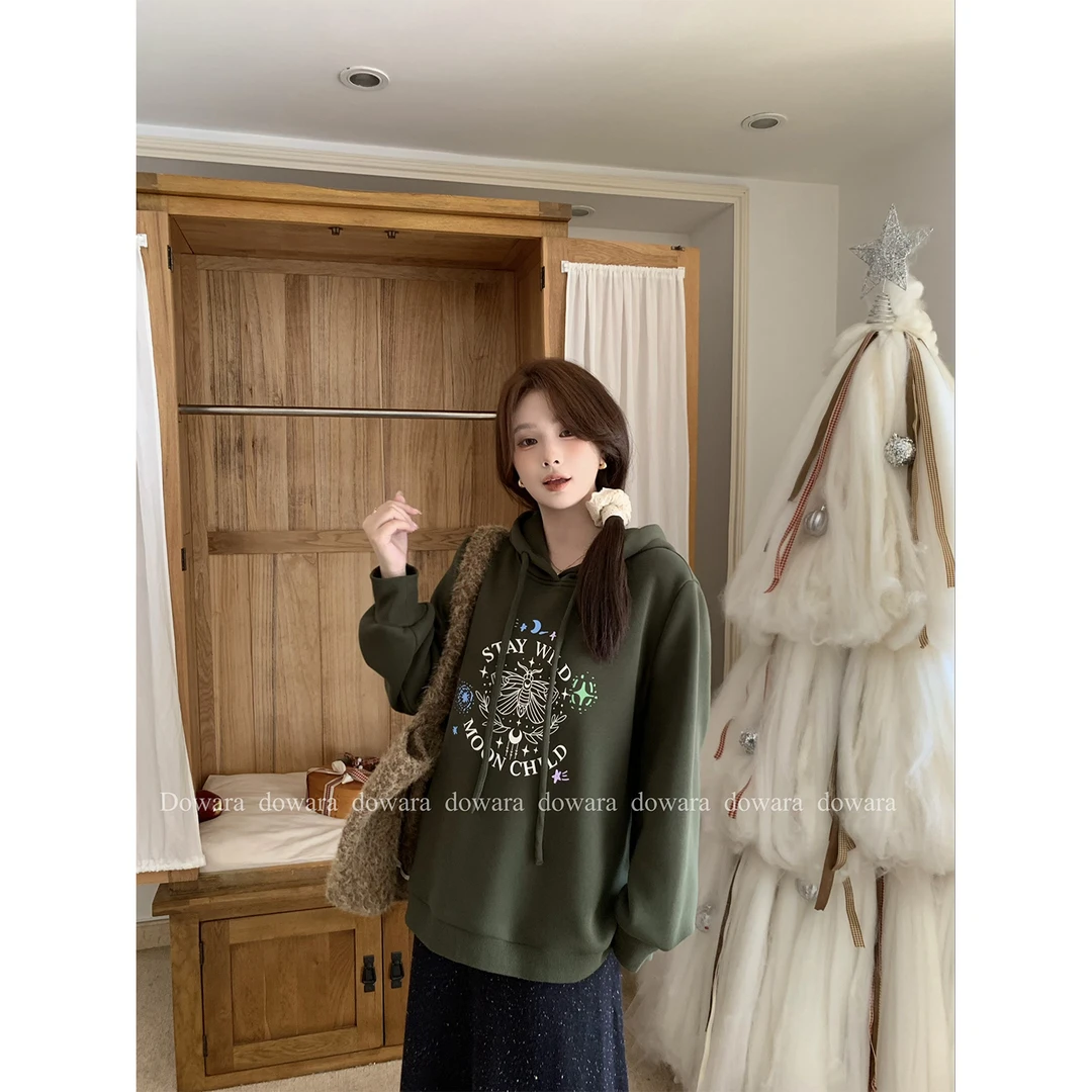 现货大婉酱微胖定制 韩系连帽印花长袖卫衣加厚宽松上衣7495D