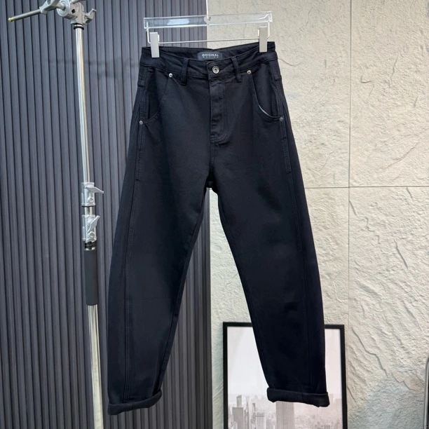 小算盘潮牌黑色拼接款直筒牛仔裤男潮牌春秋款简约经典宽松弯刀裤