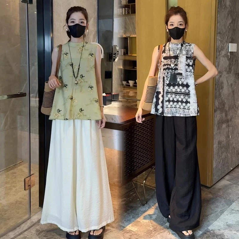 时尚套装女2025夏季新款时髦洋气无袖印花上衣阔腿裤气质两件套潮
