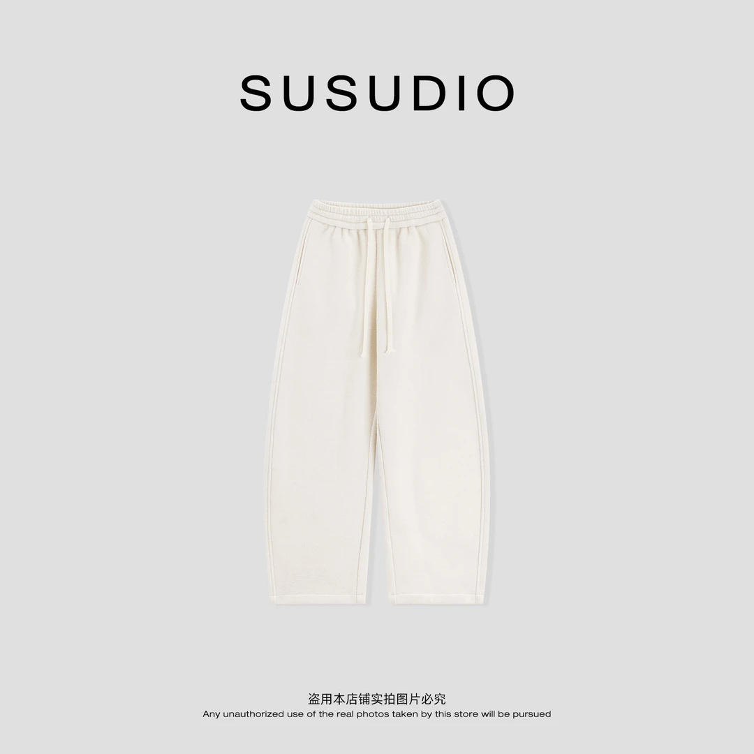SUSUDIO 羊毛 冬季加绒保暖宽边松紧腰小弯刀纯色休闲裤 40724