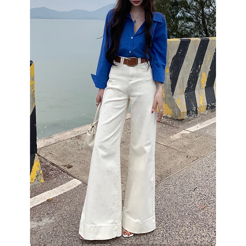 高腰不贴腿腰带垂感喇叭牛仔裤女2025年秋季宽松显瘦显腿长拖地裤