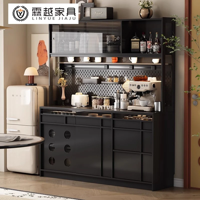 霖越实木中古风餐边柜靠墙一体储物酒柜咖啡茶水柜多功能收纳高柜