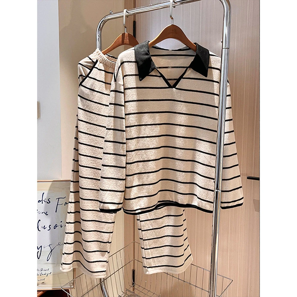韩版简约v领长袖条纹德绒睡衣女春秋新款宽松显瘦长裤家居服套装