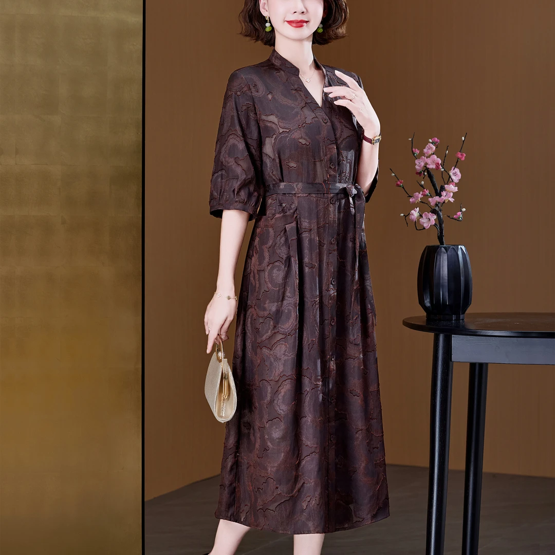 洛玺曼桑蚕丝真丝连衣裙高档大码女装春季新款妈妈香云纱中长裙