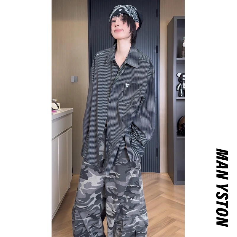 美式高街条纹长袖衬衫男春秋季潮牌休闲复古宽松百搭上衣外套日系