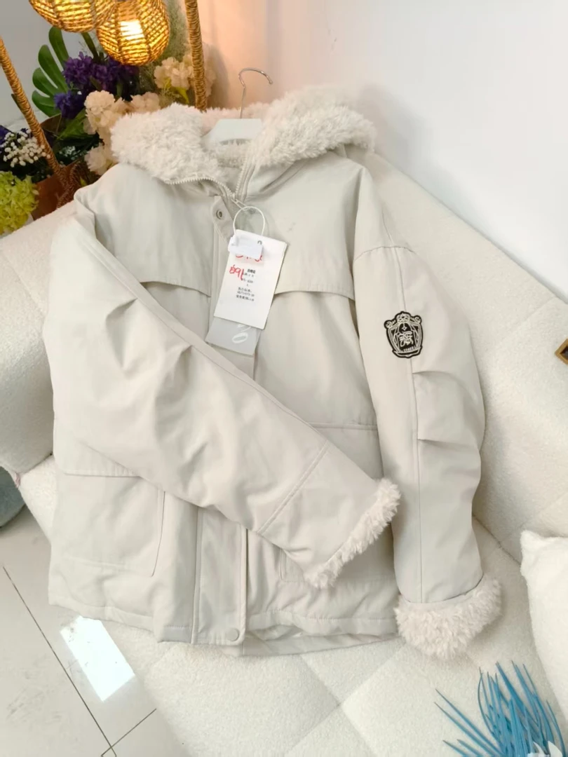 390区630白色冬季派克服散口袖纯色宽松加绒加厚棉服