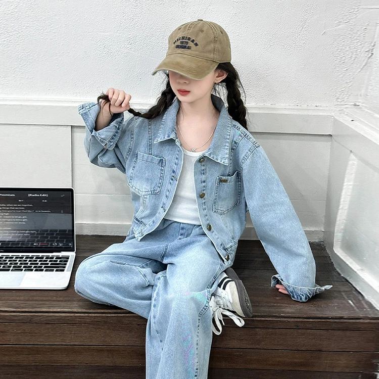 女童牛仔套装春秋2025新款韩版洋气儿童装中大童直筒阔腿裤两件套
