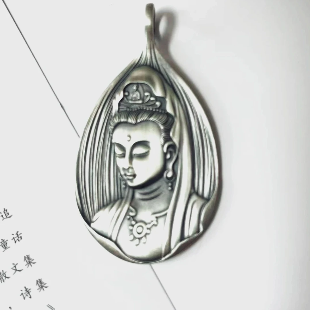 吊坠足银 【肥哥银饰】足银999古法实心浮雕菩提叶观音吊坠