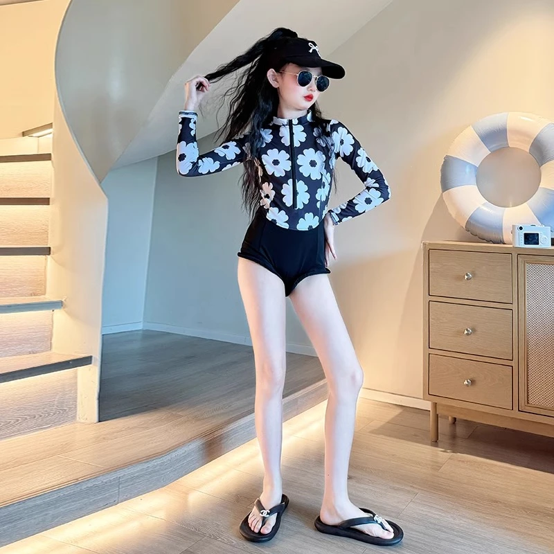女童泳衣夏季2025新款儿童连体长袖泳装大童女孩网红公主风游泳衣