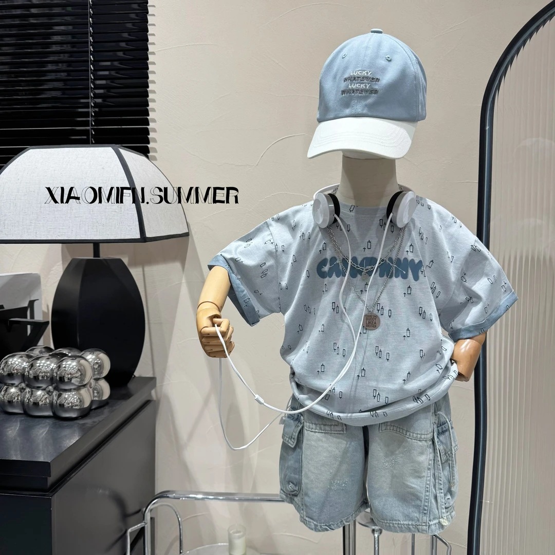 现货〃2025夏季款韩版T恤潮酷男童时尚洋气短袖童装宽松儿童01500