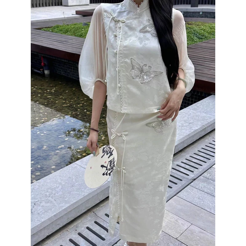 no退no换YOYOUNA新中式流苏盘扣蝴蝶钉珠刺绣泡泡袖上衣82号