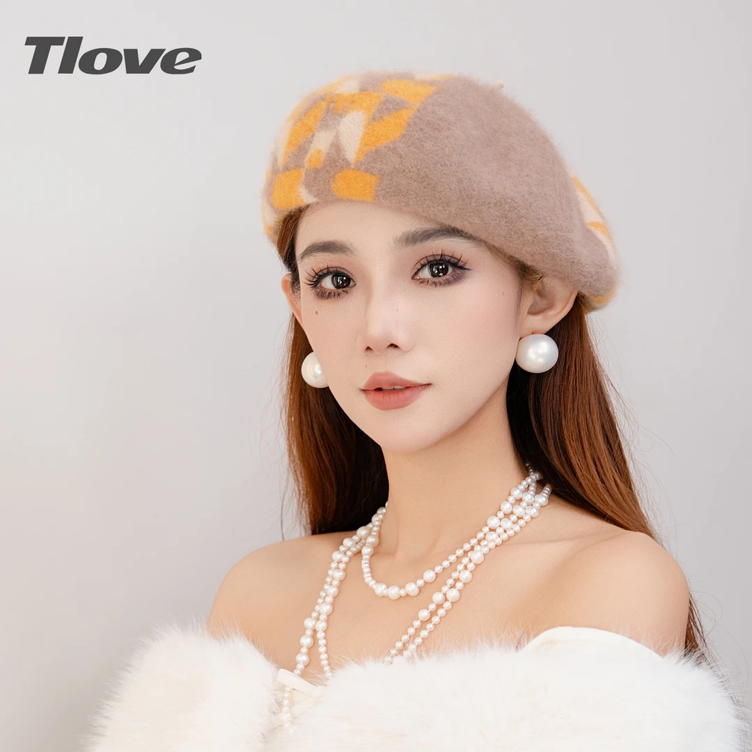 9869时尚百搭兔毛贝雷帽潮流韩版格纹拼接羊毛帽子女秋冬季蓓蕾帽