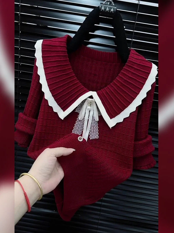 港式复古气质减龄娃娃领针织衫女2025秋季新款休闲宽松高级感上衣