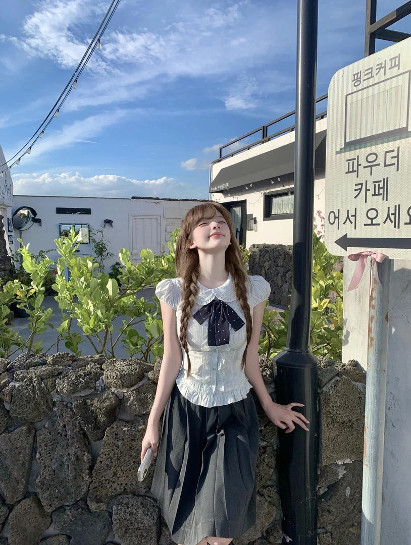 少女风甜美复古法式荷叶边收腰衬衫上衣高腰显瘦A字半身裙两件套