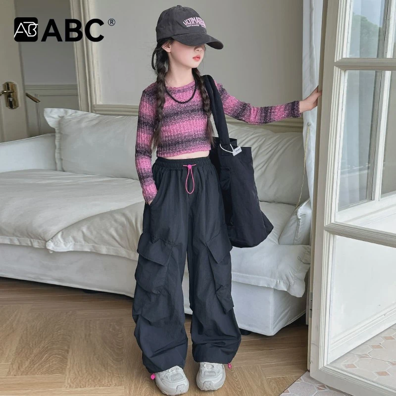 ABC女童工装裤2025新款潮酷穿搭春秋儿童阔腿裤女孩大童秋季裤子