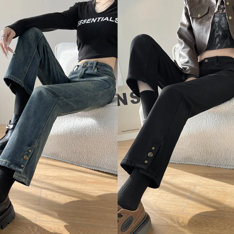 加绒烟管牛仔裤女2024年新款秋冬季加厚高腰小个子窄版直筒九分裤