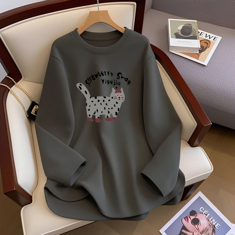 欧货加绒灰色内搭打底衫女2025新款秋冬宽松遮屁股长袖t恤上衣ins