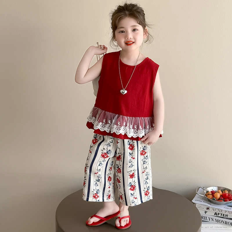 女童夏季蕾丝花边无袖套装2025新款儿童背心上衣休闲碎花裤两件套